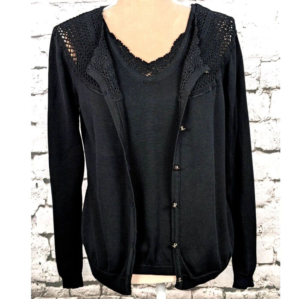 SIGRID OLSEN Silk-Blend Pointelle Twin Set Cardigan & Tank Black Cottage Medium